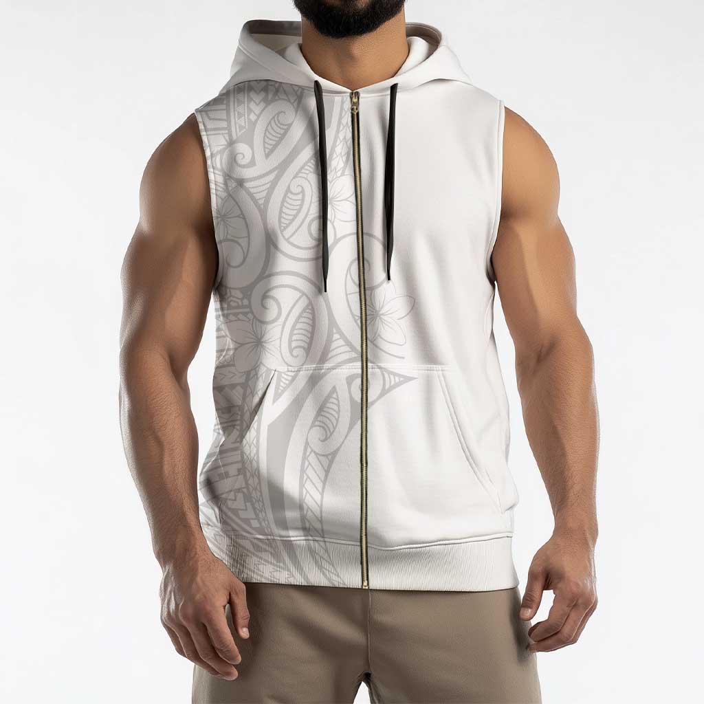 Polynesia White Sunday Sleeveless Zip Hoodie Plumeria Polynesian Tribal Grey Color - Polynesian Pride