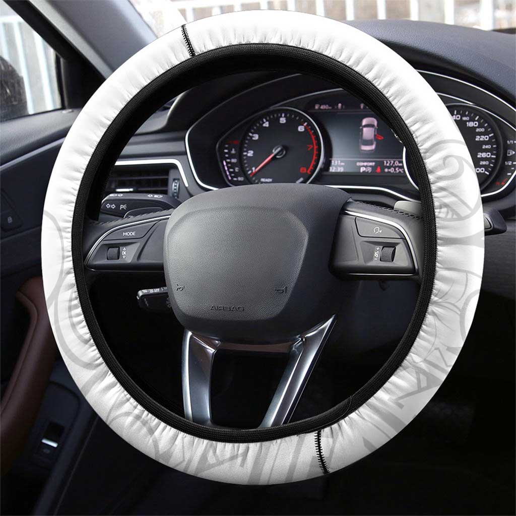 Polynesia White Sunday Steering Wheel Cover Plumeria Polynesian Tribal Grey Color - Polynesian Pride
