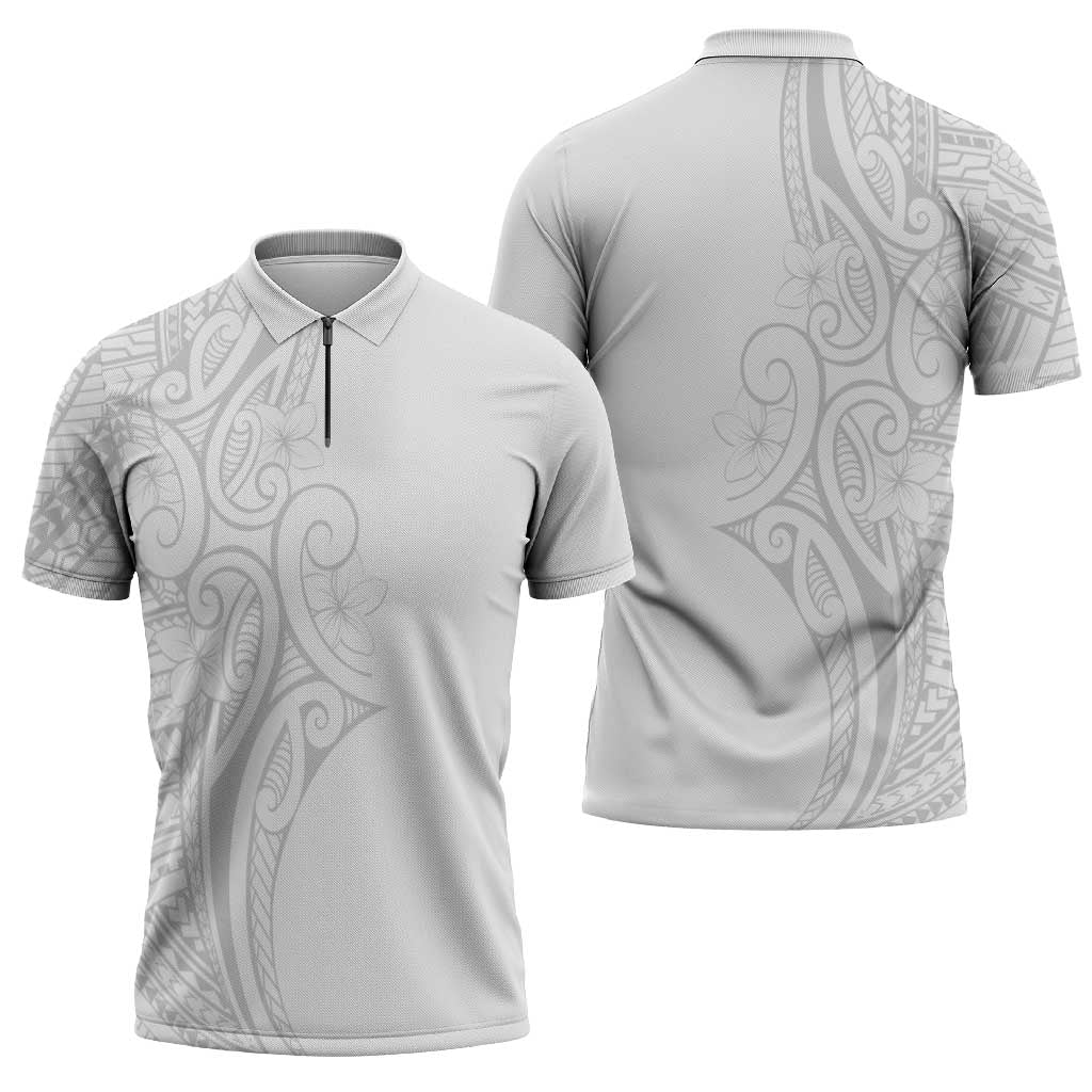 Polynesia White Sunday Zipper Polo Shirt Plumeria Polynesian Tribal Grey Color - Polynesian Pride