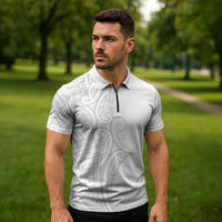 Polynesia White Sunday Zipper Polo Shirt Plumeria Polynesian Tribal Grey Color - Polynesian Pride