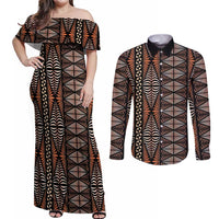 Malo e lelei Tonga Couples Matching Off Shoulder Maxi Dress and Long Sleeve Button Shirt Tongan Ngatu Vintage Brown - Polynesian Pride