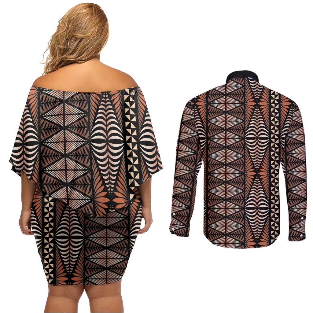 Malo e lelei Tonga Couples Matching Off Shoulder Short Dress and Long Sleeve Button Shirt Tongan Ngatu Vintage Brown - Polynesian Pride