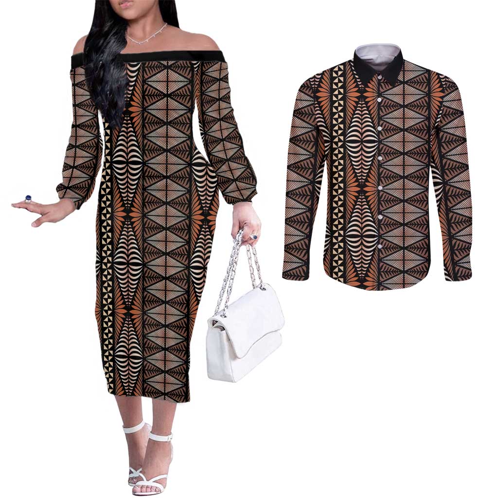 Malo e lelei Tonga Couples Matching Off The Shoulder Long Sleeve Dress and Long Sleeve Button Shirt Tongan Ngatu Vintage Brown - Polynesian Pride