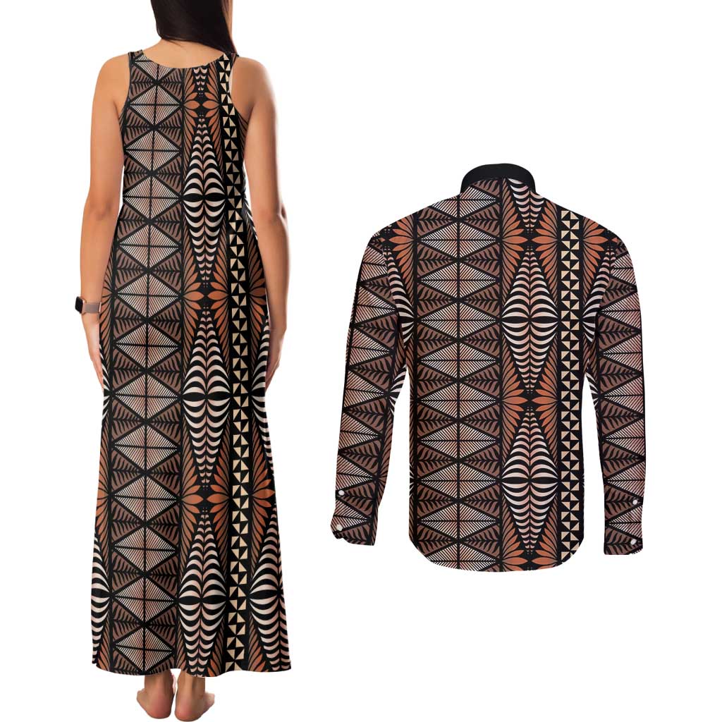 Malo e lelei Tonga Couples Matching Tank Maxi Dress and Long Sleeve Button Shirt Tongan Ngatu Vintage Brown - Polynesian Pride