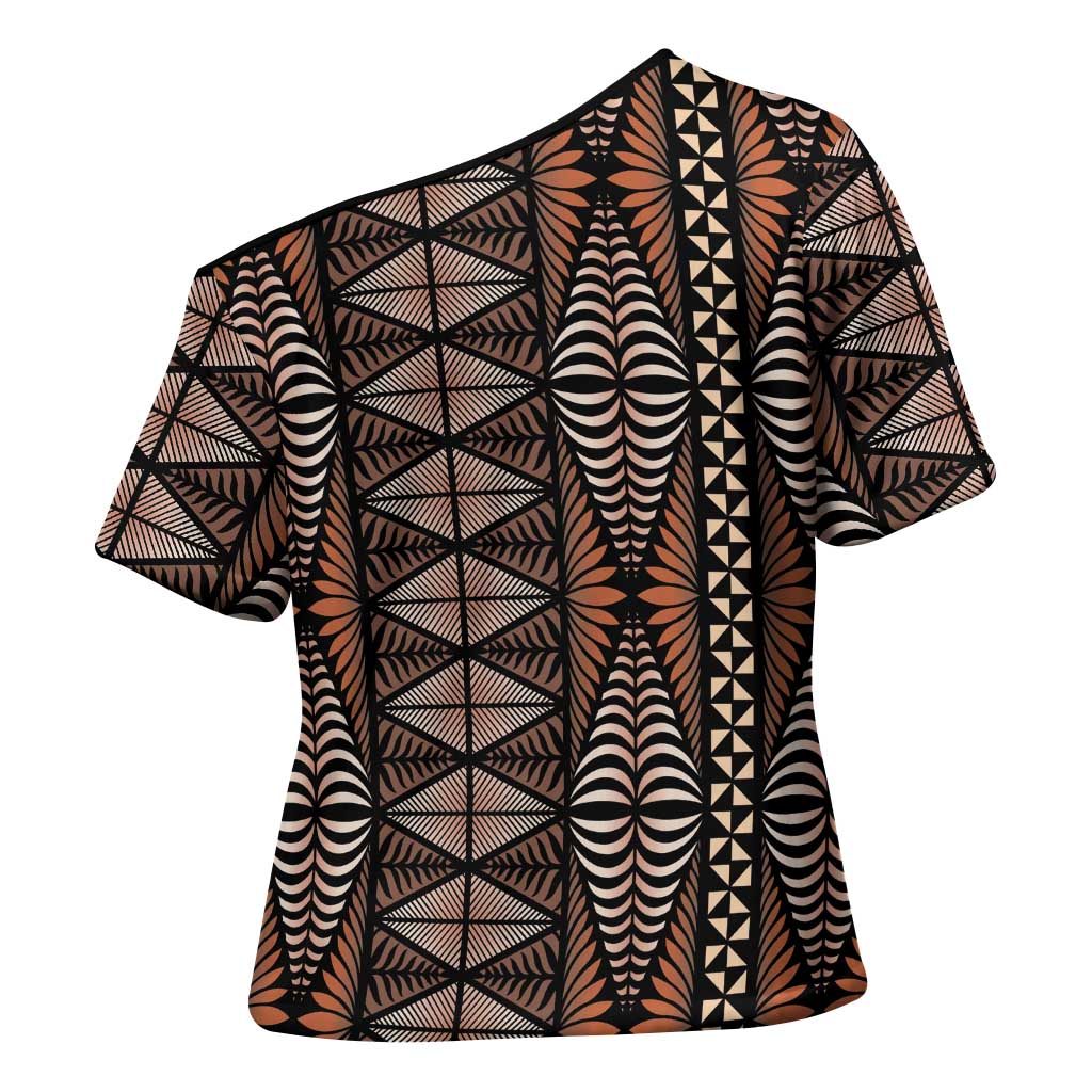 Malo e lelei Tonga Cross Shoulder Shirt Tongan Ngatu Vintage Brown - Polynesian Pride