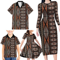Malo e lelei Tonga Family Matching Long Sleeve Bodycon Dress and Hawaiian Shirt Tongan Ngatu Vintage Brown - Polynesian Pride