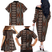 Malo e lelei Tonga Family Matching Off The Shoulder Long Sleeve Dress and Hawaiian Shirt Tongan Ngatu Vintage Brown - Polynesian Pride