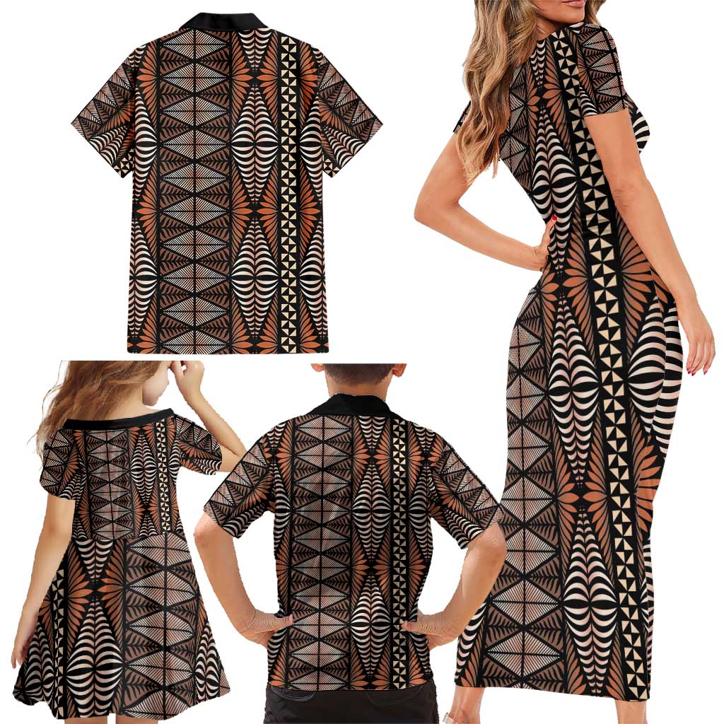 Malo e lelei Tonga Family Matching Short Sleeve Bodycon Dress and Hawaiian Shirt Tongan Ngatu Vintage Brown - Polynesian Pride