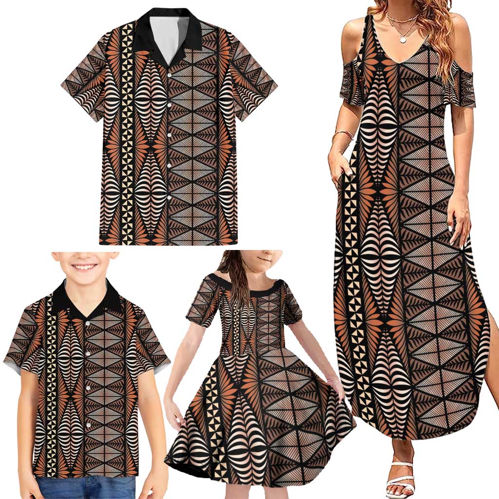 Malo e lelei Tonga Family Matching Summer Maxi Dress and Hawaiian Shirt Tongan Ngatu Vintage Brown - Polynesian Pride
