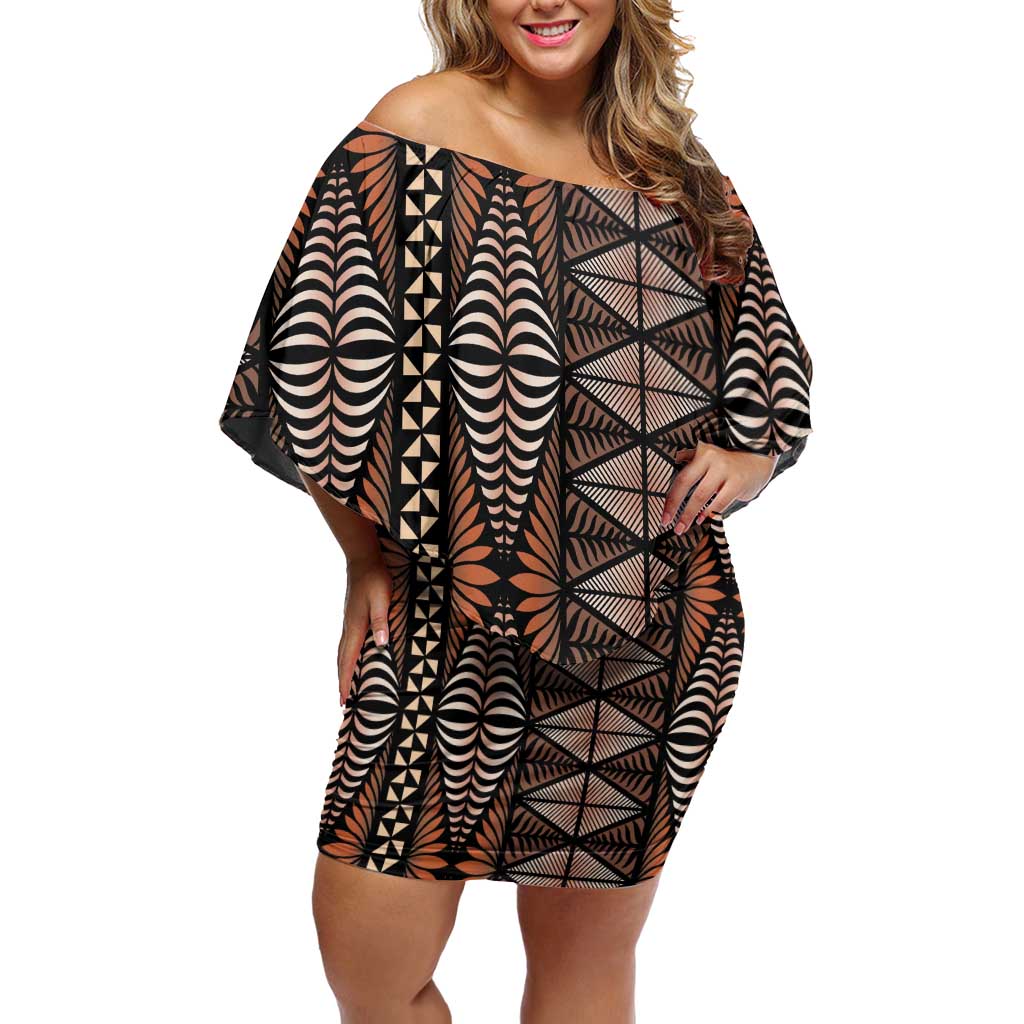 Malo e lelei Tonga Off Shoulder Short Dress Tongan Ngatu Vintage Brown - Polynesian Pride