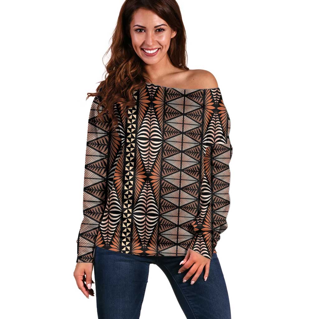 Malo e lelei Tonga Off Shoulder Sweater Tongan Ngatu Vintage Brown - Polynesian Pride