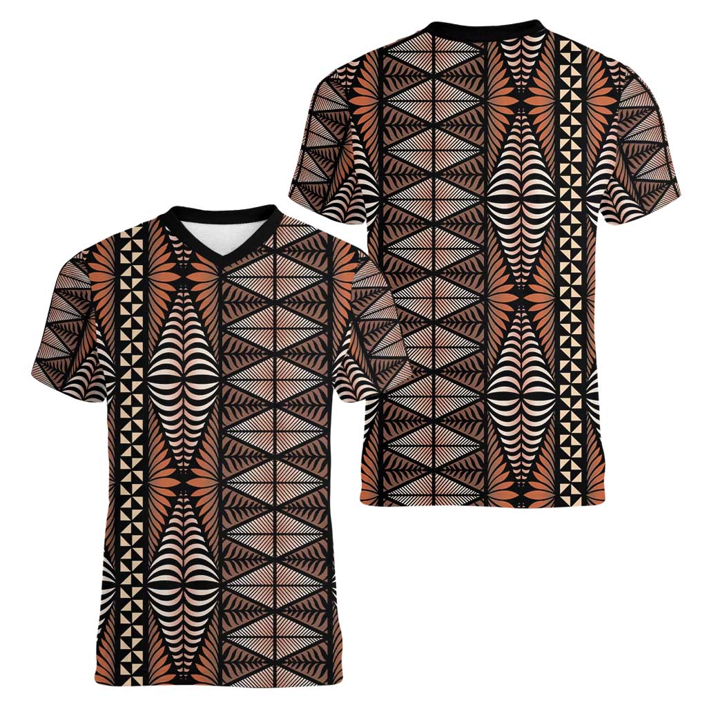 Malo e lelei Tonga Women V-Neck T-Shirt Tongan Ngatu Vintage Brown - Polynesian Pride