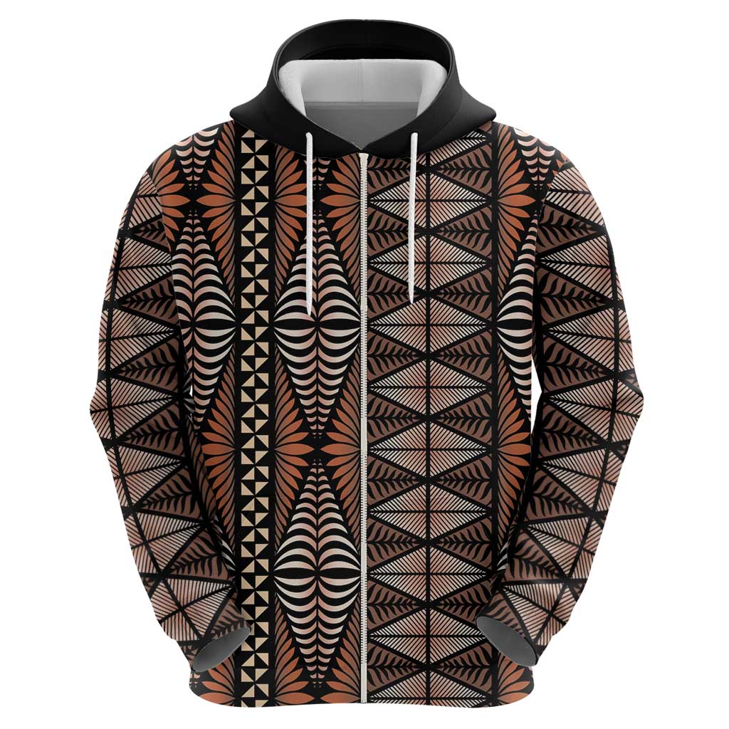 Malo e lelei Tonga Zip Hoodie Tongan Ngatu Vintage Brown - Polynesian Pride