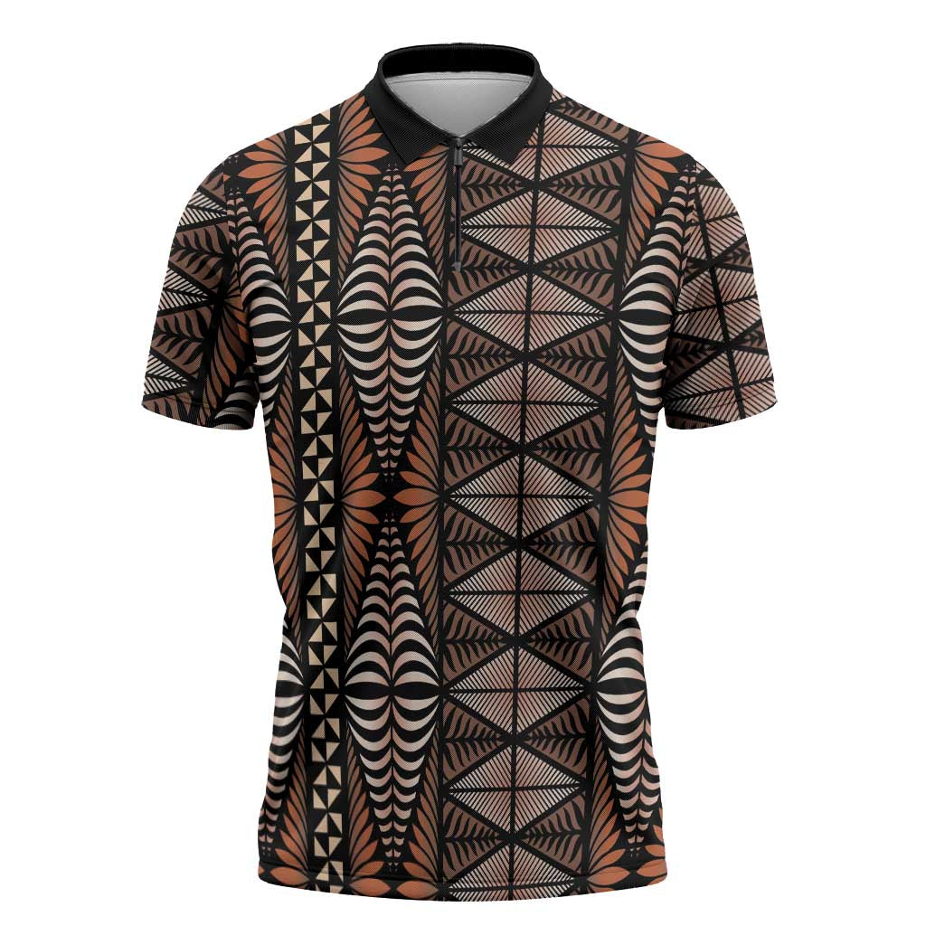Malo e lelei Tonga Zipper Polo Shirt Tongan Ngatu Vintage Brown - Polynesian Pride