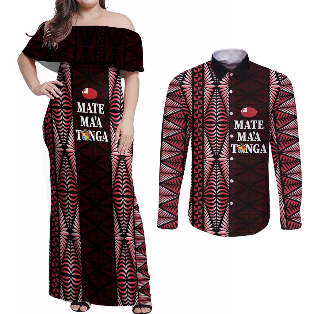 Tonga Rugby Personalised Couples Matching Off Shoulder Maxi Dress and Long Sleeve Button Shirt 2025 Mate Maa Tonga Ngatu Motif - Polynesian Pride