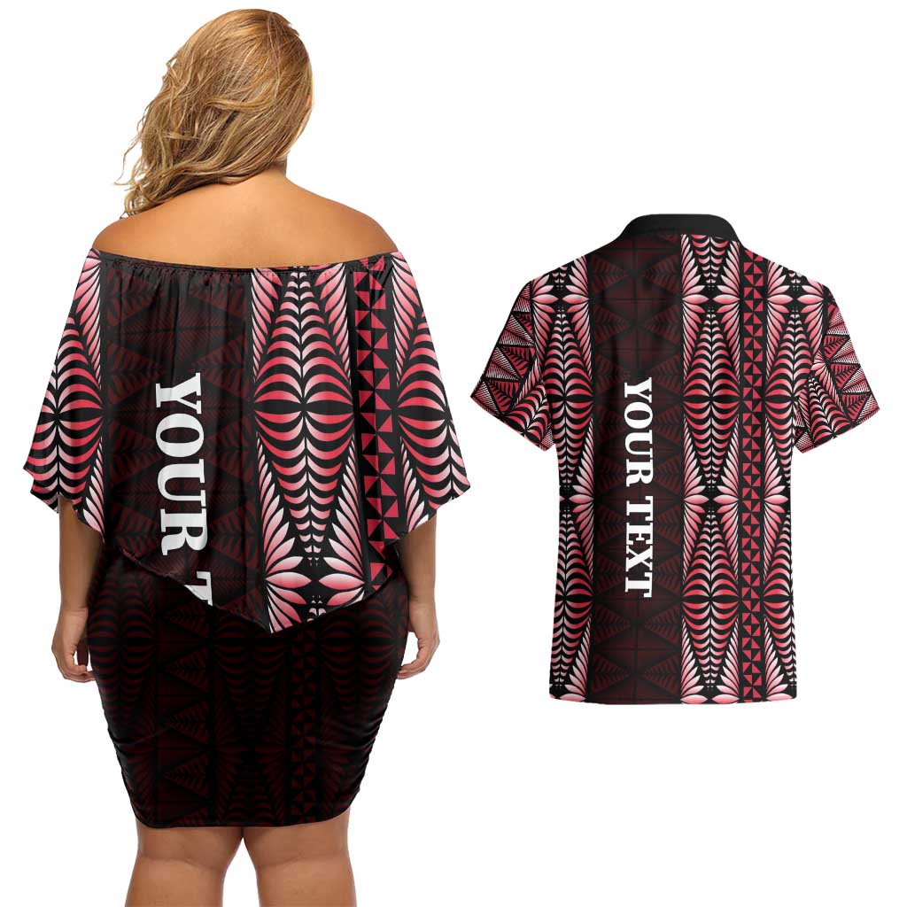 Tonga Rugby Personalised Couples Matching Off Shoulder Short Dress and Hawaiian Shirt 2025 Mate Maa Tonga Ngatu Motif - Polynesian Pride