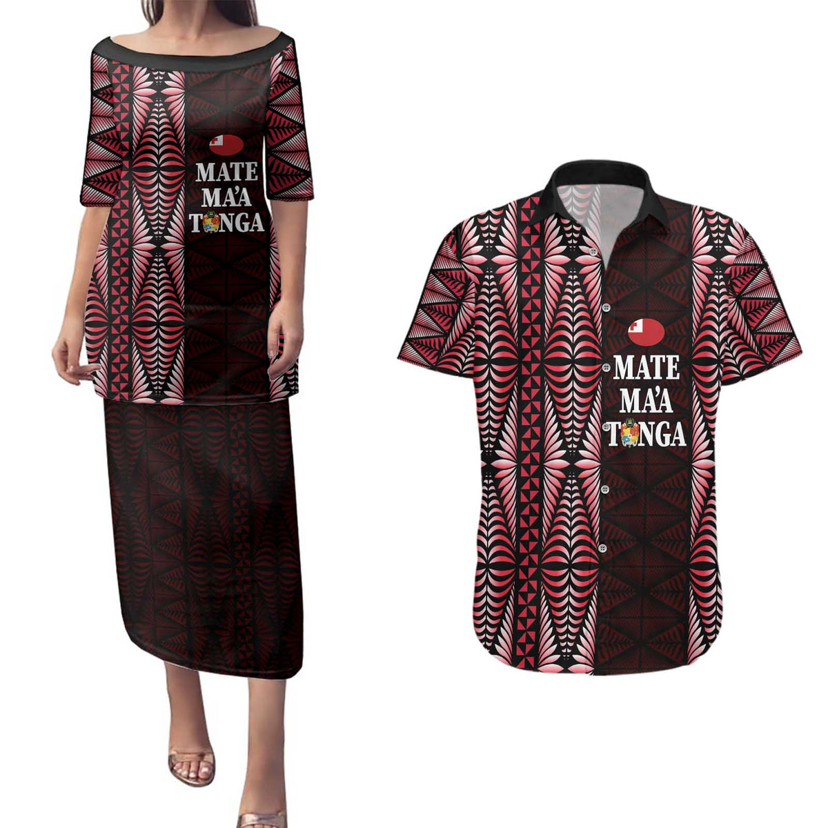 Tonga Rugby Personalised Couples Matching Puletasi and Hawaiian Shirt 2025 Mate Maa Tonga Ngatu Motif - Polynesian Pride