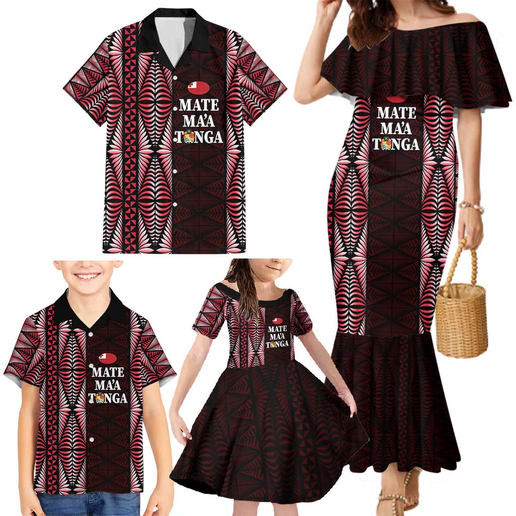 Tonga Rugby Personalised Family Matching Mermaid Dress and Hawaiian Shirt 2025 Mate Maa Tonga Ngatu Motif - Polynesian Pride