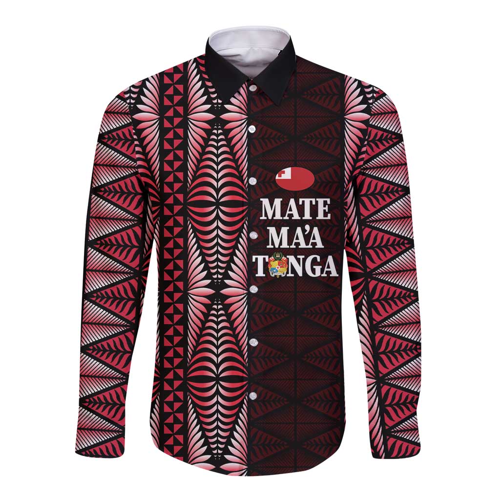 Tonga Rugby Personalised Long Sleeve Button Shirt 2025 Mate Maa Tonga Ngatu Motif - Polynesian Pride