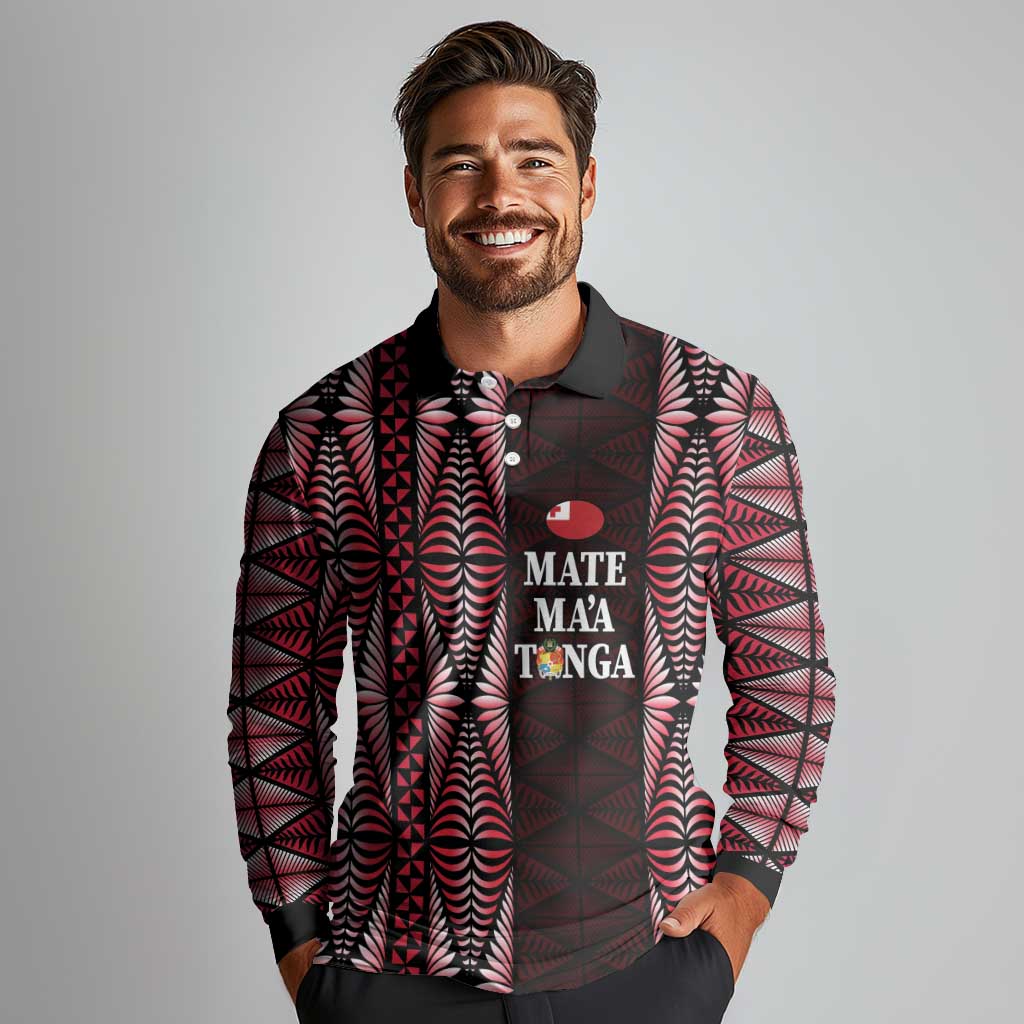 Tonga Rugby Personalised Long Sleeve Polo Shirt 2025 Mate Maa Tonga Ngatu Motif - Polynesian Pride
