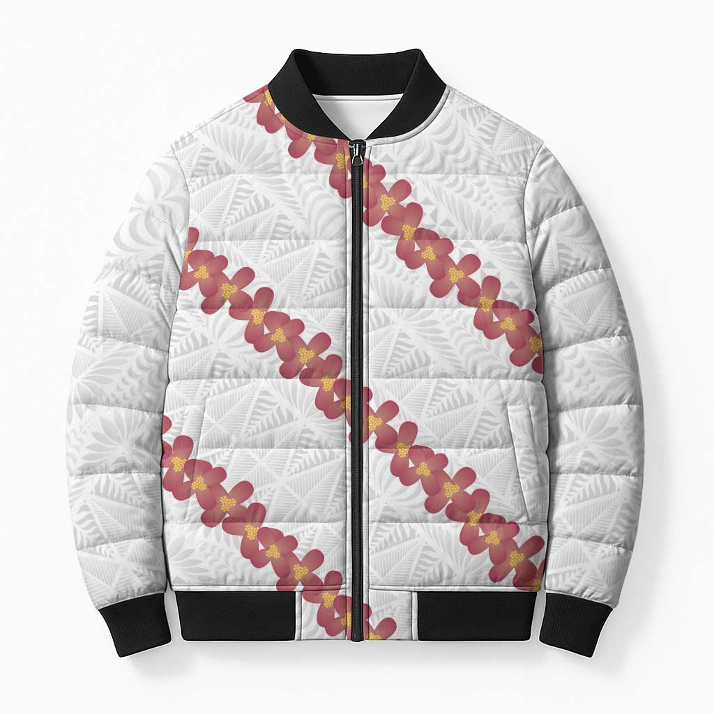 White Sunday Tonga Fakame Bomber Puffer Jacket Tongan Ngatu Heilala Lei - Polynesian Pride