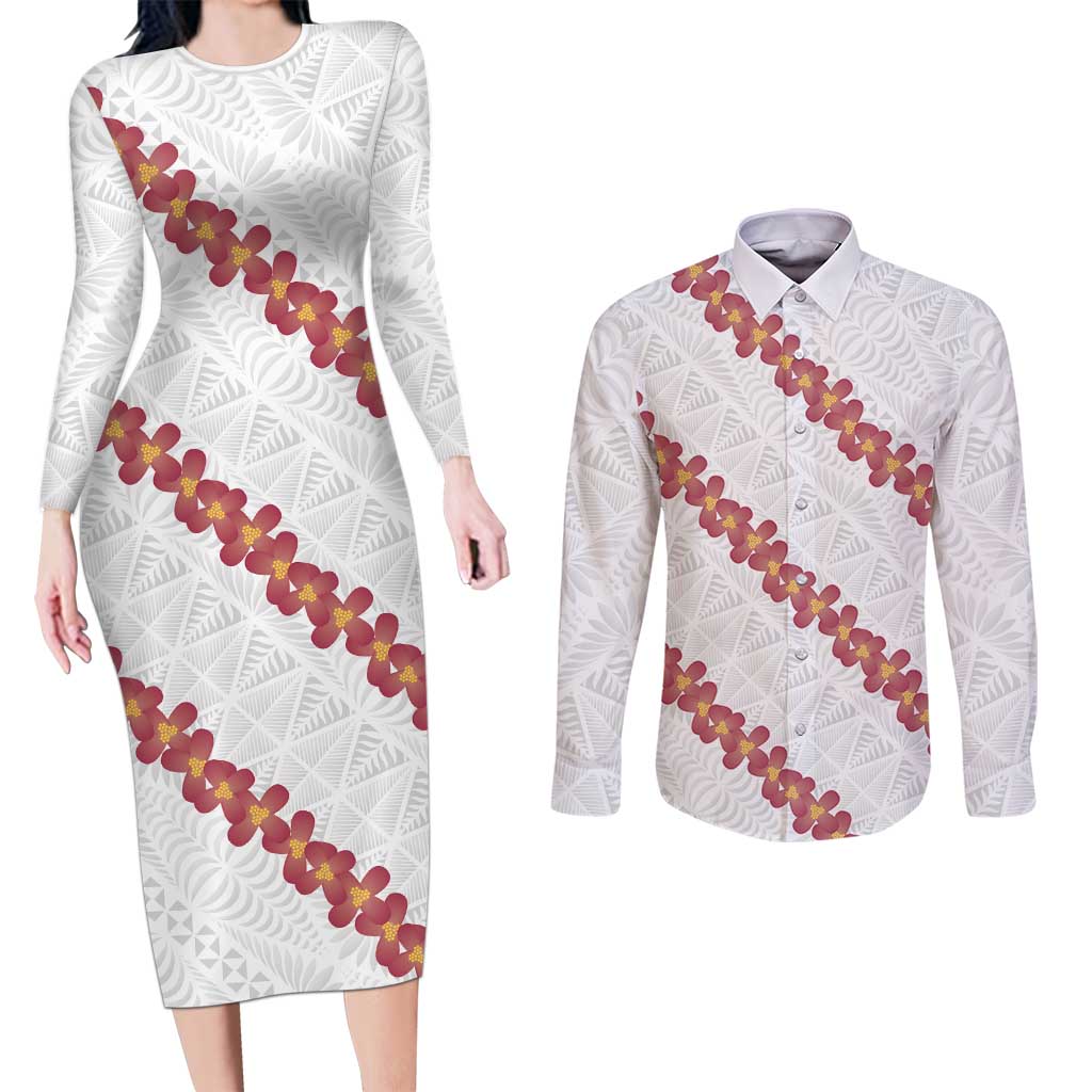 White Sunday Tonga Fakame Couples Matching Long Sleeve Bodycon Dress and Long Sleeve Button Shirt Tongan Ngatu Heilala Lei - Polynesian Pride