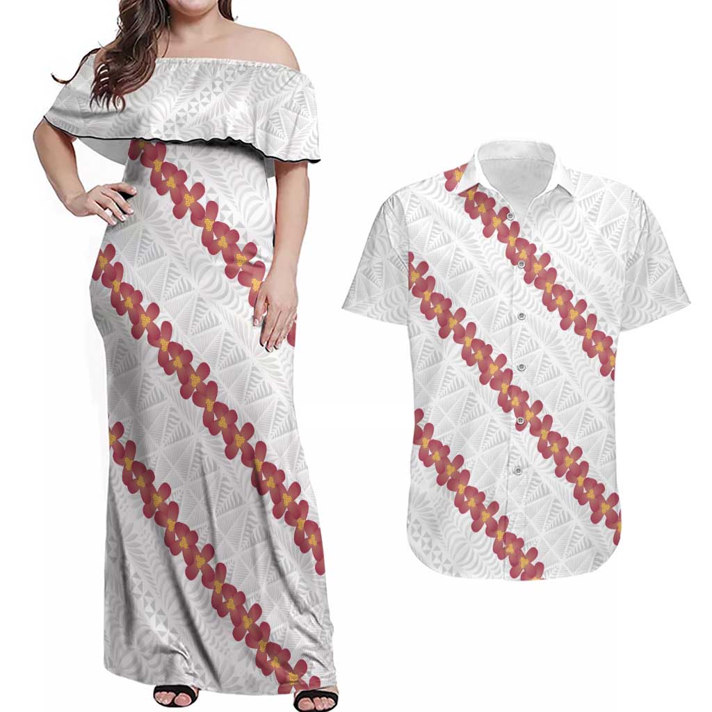 White Sunday Tonga Fakame Couples Matching Off Shoulder Maxi Dress and Hawaiian Shirt Tongan Ngatu Heilala Lei - Polynesian Pride