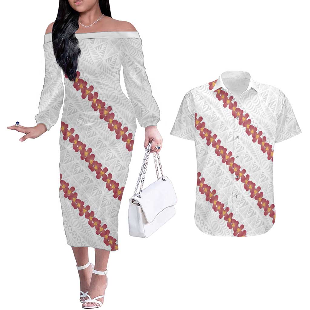 White Sunday Tonga Fakame Couples Matching Off The Shoulder Long Sleeve Dress and Hawaiian Shirt Tongan Ngatu Heilala Lei - Polynesian Pride