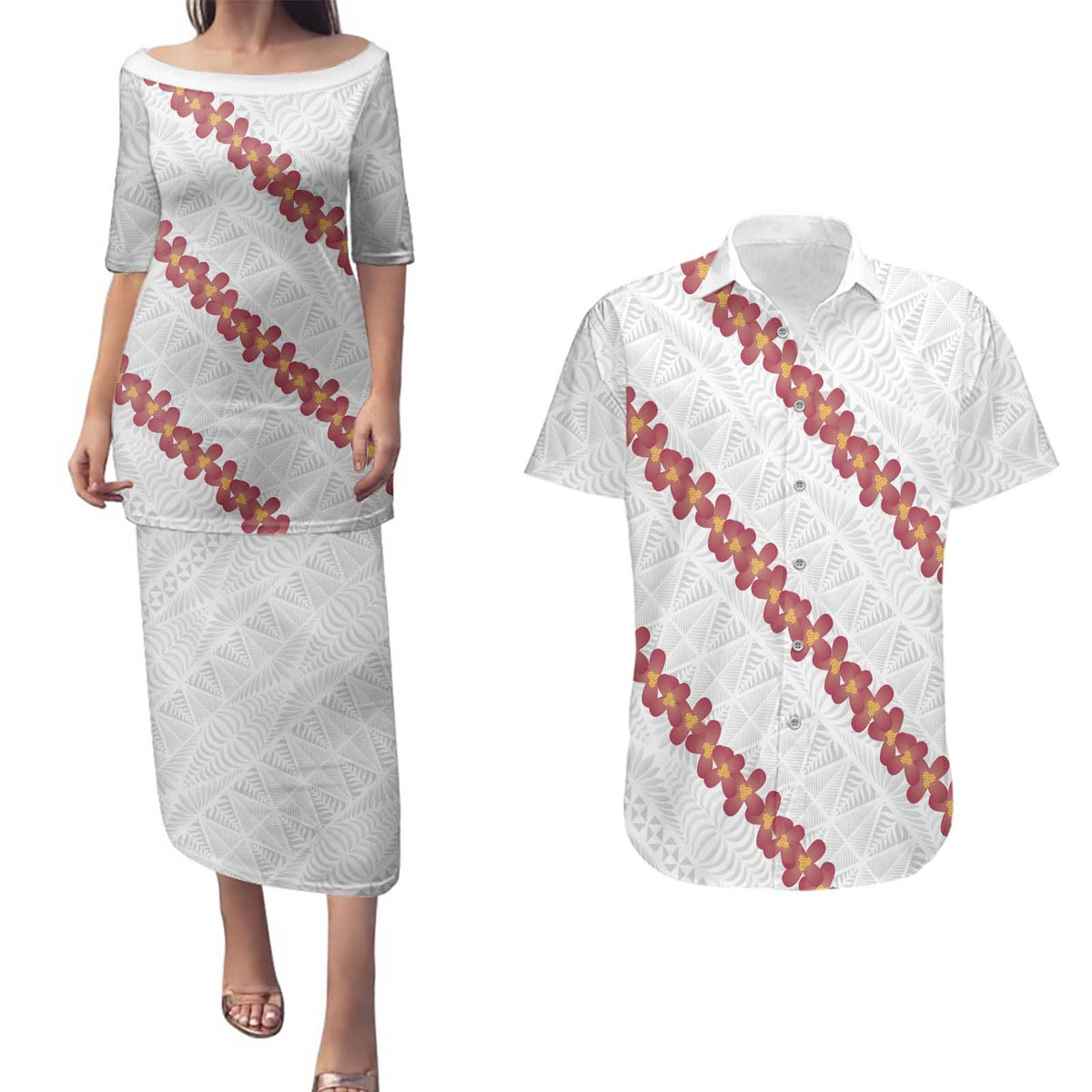White Sunday Tonga Fakame Couples Matching Puletasi and Hawaiian Shirt Tongan Ngatu Heilala Lei - Polynesian Pride