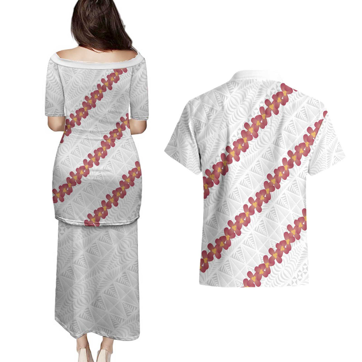 White Sunday Tonga Fakame Couples Matching Puletasi and Hawaiian Shirt Tongan Ngatu Heilala Lei - Polynesian Pride