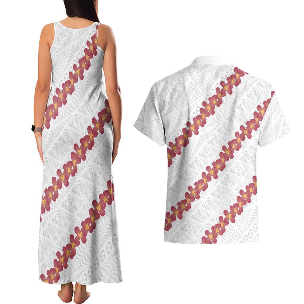 White Sunday Tonga Fakame Couples Matching Tank Maxi Dress and Hawaiian Shirt Tongan Ngatu Heilala Lei - Polynesian Pride