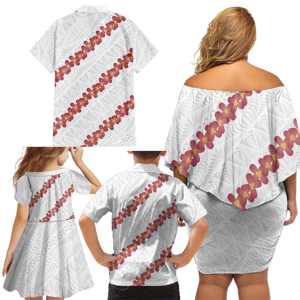 White Sunday Tonga Fakame Family Matching Off Shoulder Short Dress and Hawaiian Shirt Tongan Ngatu Heilala Lei - Polynesian Pride