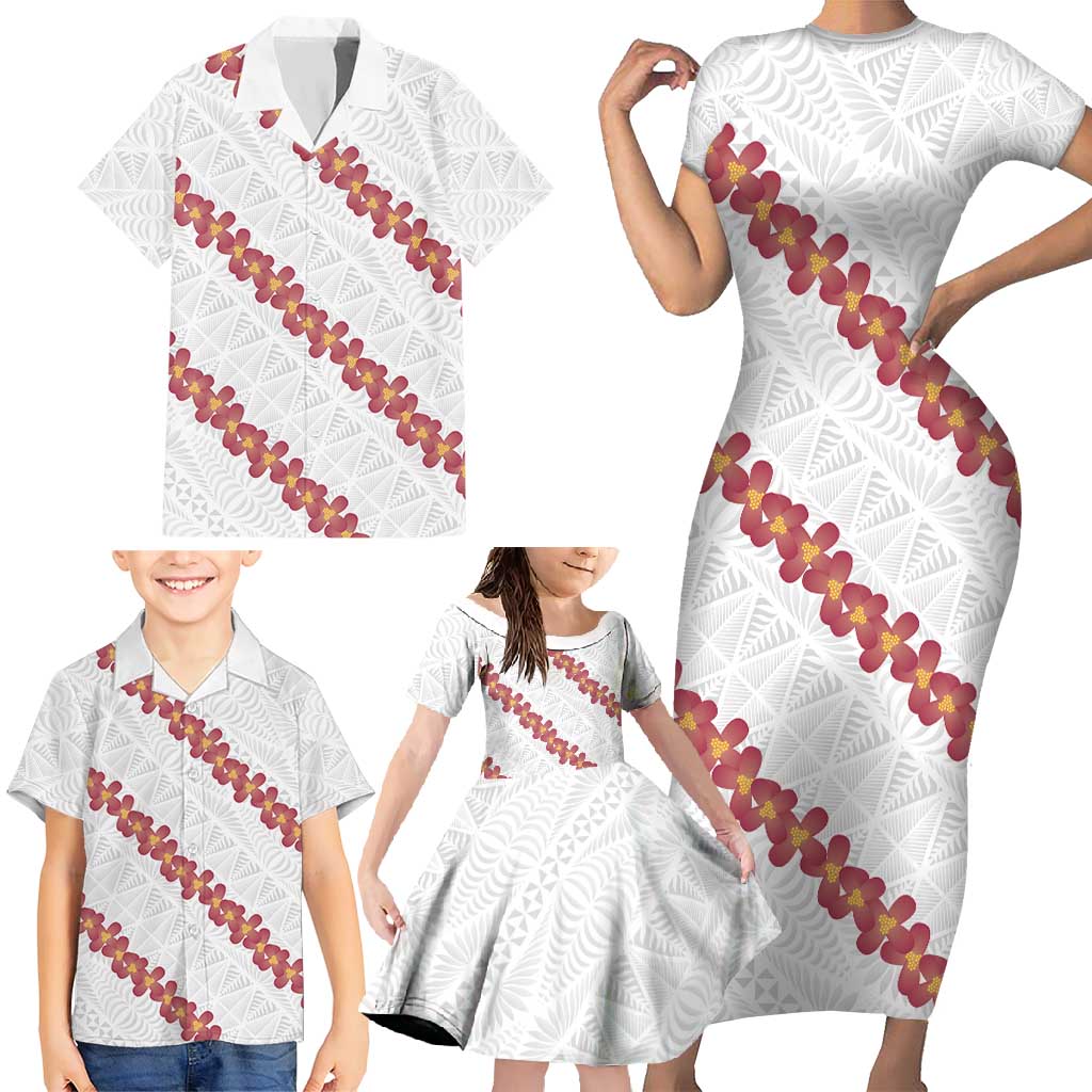 White Sunday Tonga Fakame Family Matching Short Sleeve Bodycon Dress and Hawaiian Shirt Tongan Ngatu Heilala Lei - Polynesian Pride