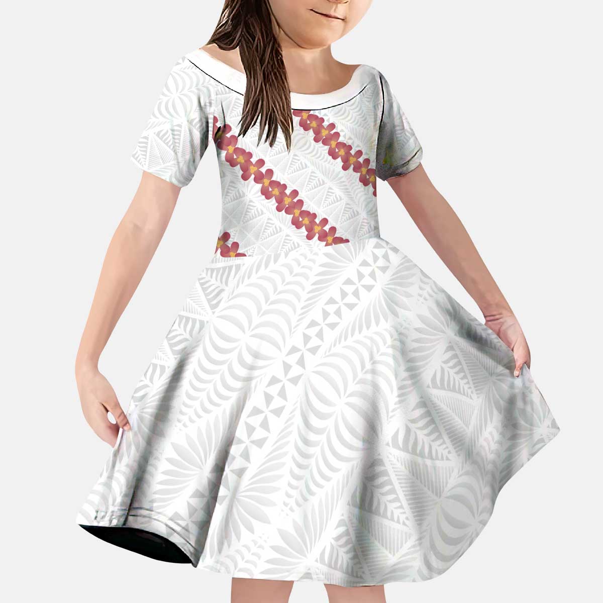 White Sunday Tonga Fakame Kid Short Sleeve Dress Tongan Ngatu Heilala Lei - Polynesian Pride