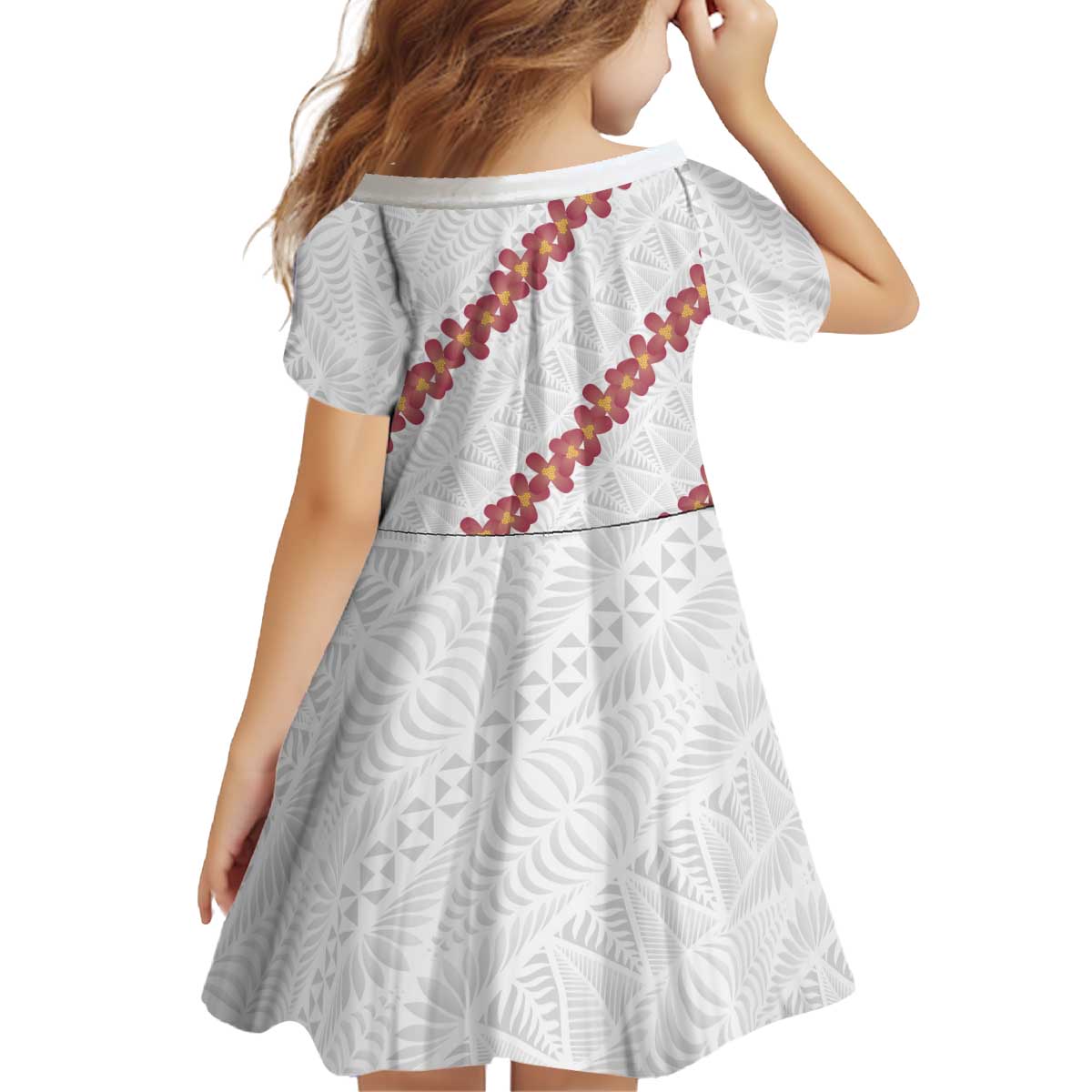 White Sunday Tonga Fakame Kid Short Sleeve Dress Tongan Ngatu Heilala Lei - Polynesian Pride