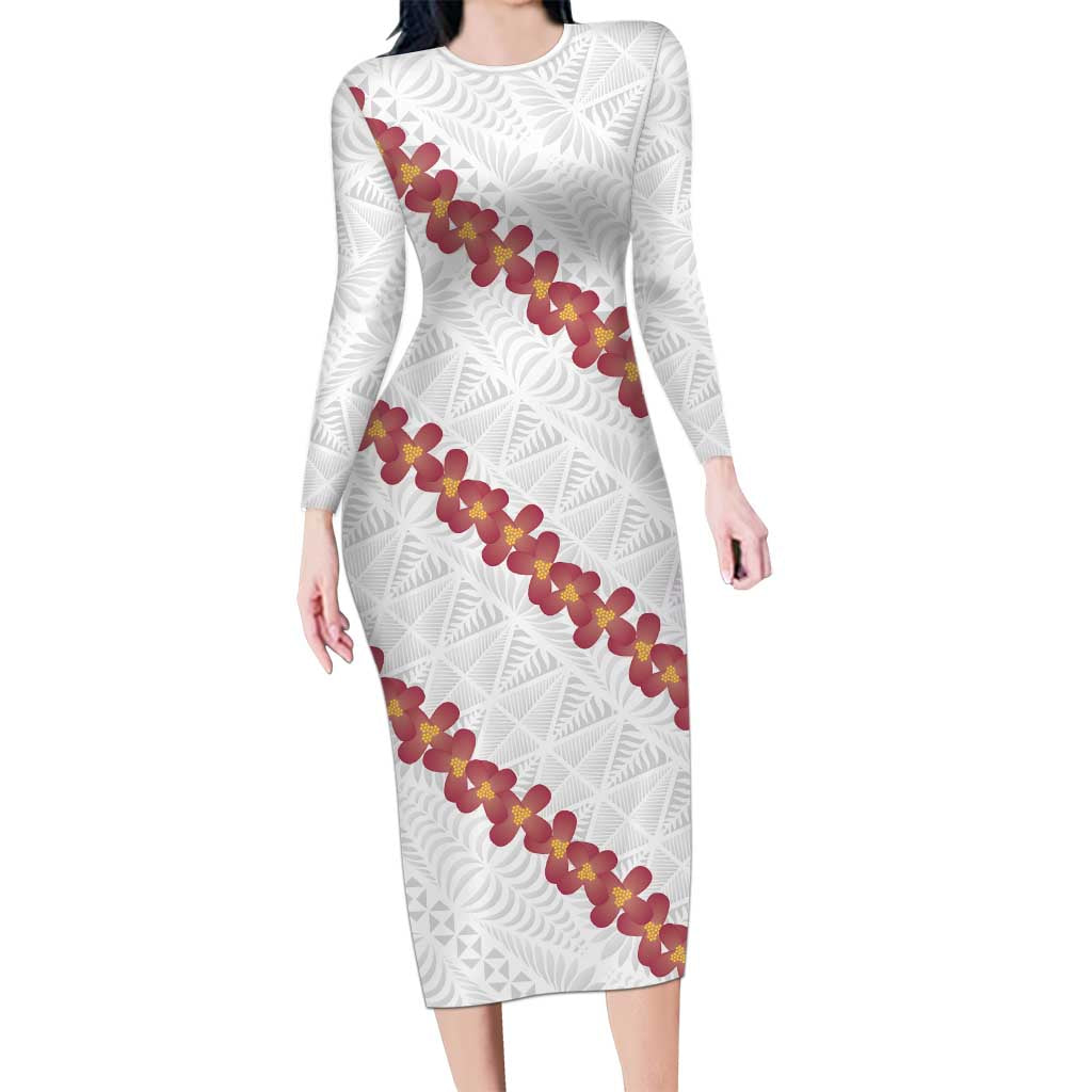 White Sunday Tonga Fakame Long Sleeve Bodycon Dress Tongan Ngatu Heilala Lei - Polynesian Pride