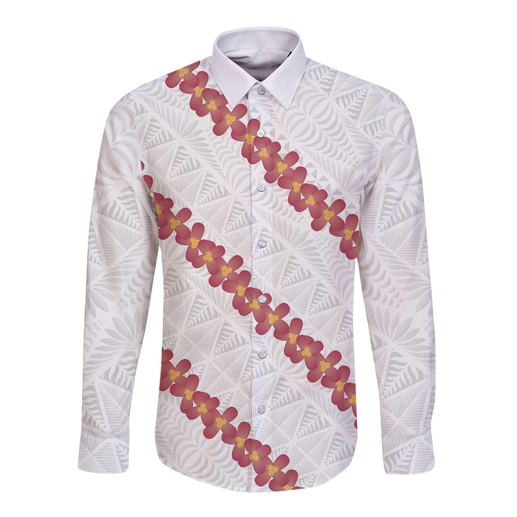 White Sunday Tonga Fakame Long Sleeve Button Shirt Tongan Ngatu Heilala Lei - Polynesian Pride