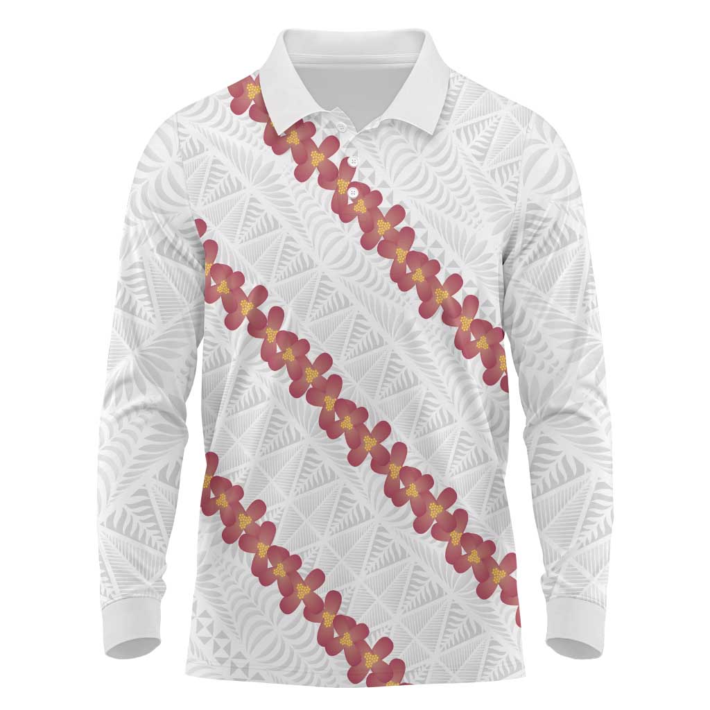 White Sunday Tonga Fakame Long Sleeve Polo Shirt Tongan Ngatu Heilala Lei - Polynesian Pride