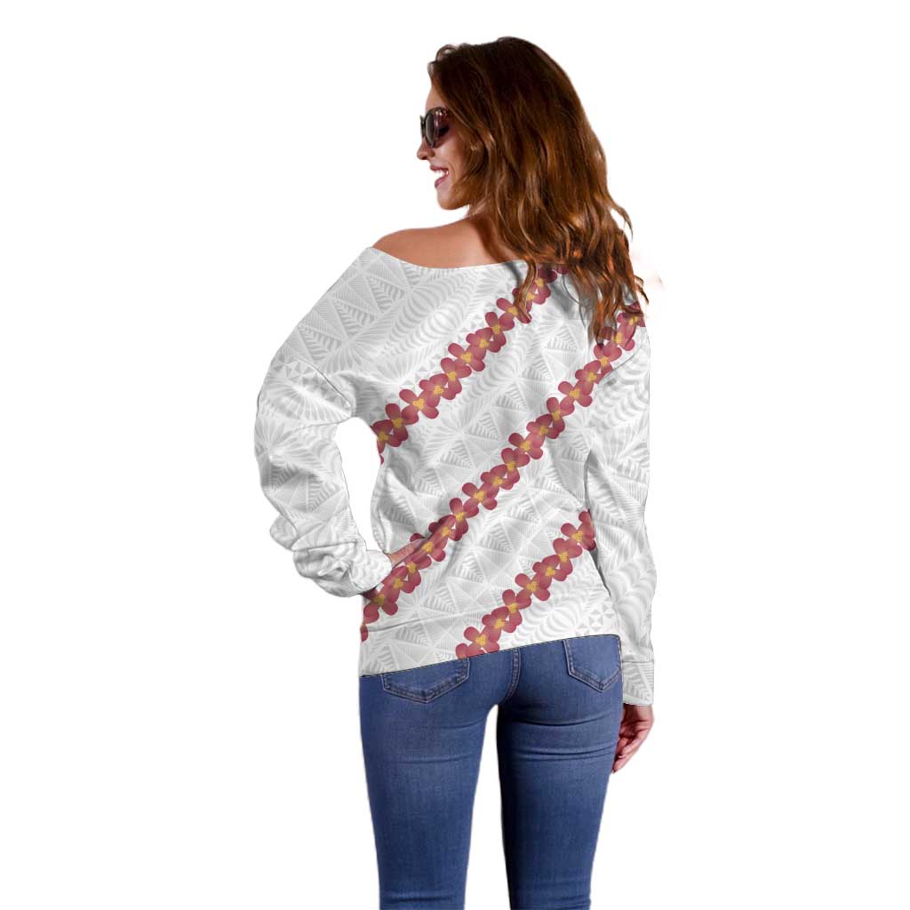 White Sunday Tonga Fakame Off Shoulder Sweater Tongan Ngatu Heilala Lei - Polynesian Pride
