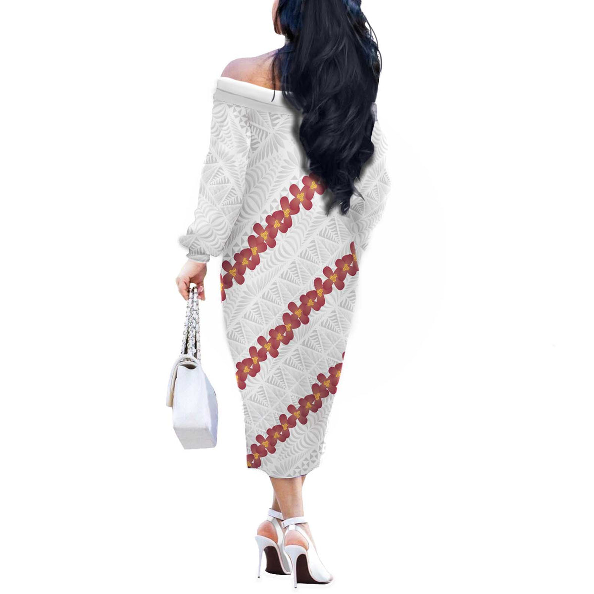 White Sunday Tonga Fakame Off The Shoulder Long Sleeve Dress Tongan Ngatu Heilala Lei - Polynesian Pride