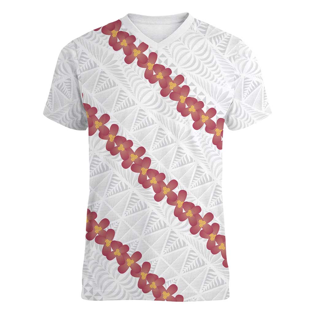 White Sunday Tonga Fakame Women V-Neck T-Shirt Tongan Ngatu Heilala Lei - Polynesian Pride
