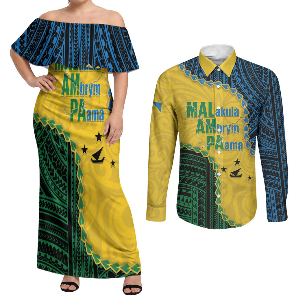 Personalised Malampa Province Vanuatu Couples Matching Off Shoulder Maxi Dress and Long Sleeve Button Shirt Map With Polynesian Pattern LT14 Multicolor - Polynesian Pride