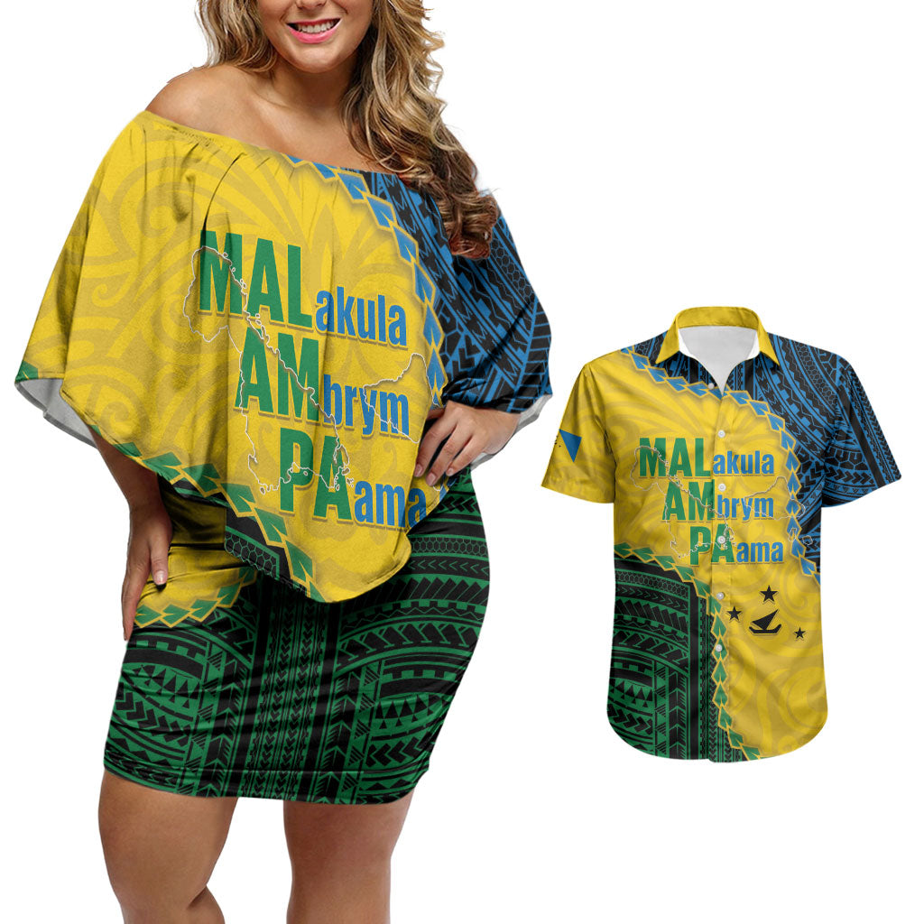 Personalised Malampa Province Vanuatu Couples Matching Off Shoulder Short Dress and Hawaiian Shirt Map With Polynesian Pattern LT14 Multicolor - Polynesian Pride