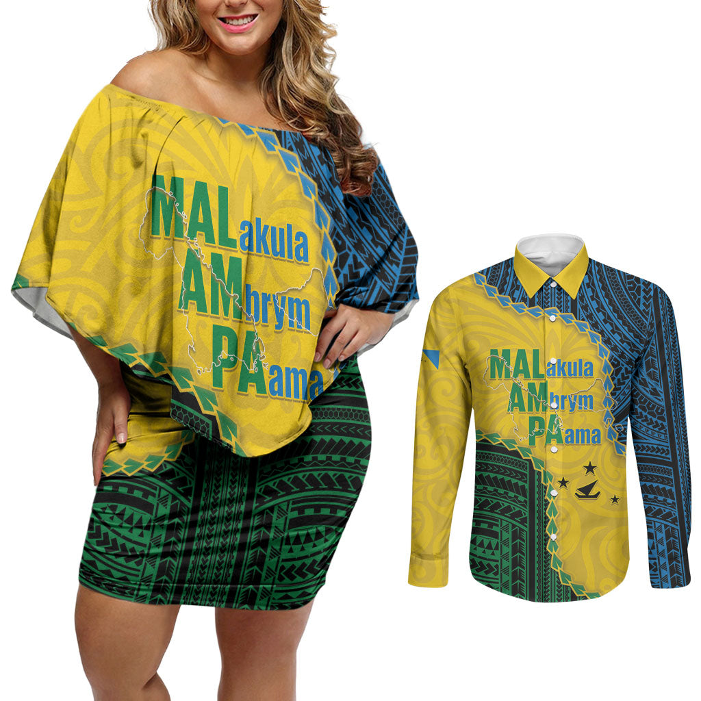 Personalised Malampa Province Vanuatu Couples Matching Off Shoulder Short Dress and Long Sleeve Button Shirt Map With Polynesian Pattern LT14 Multicolor - Polynesian Pride