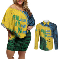 Personalised Malampa Province Vanuatu Couples Matching Off Shoulder Short Dress and Long Sleeve Button Shirt Map With Polynesian Pattern LT14 Multicolor - Polynesian Pride