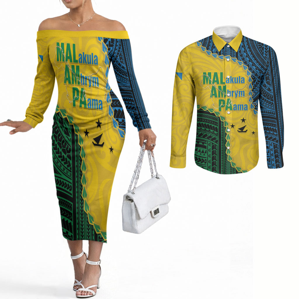 Personalised Malampa Province Vanuatu Couples Matching Off The Shoulder Long Sleeve Dress and Long Sleeve Button Shirt Map With Polynesian Pattern LT14 Multicolor - Polynesian Pride