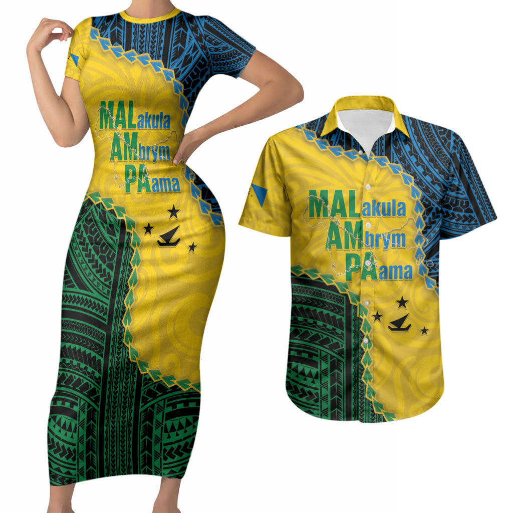 Personalised Malampa Province Vanuatu Couples Matching Short Sleeve Bodycon Dress and Hawaiian Shirt Map With Polynesian Pattern LT14 Multicolor - Polynesian Pride