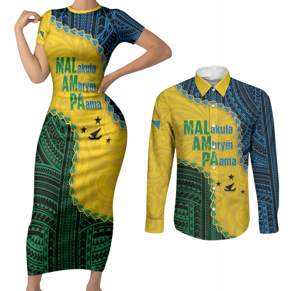Personalised Malampa Province Vanuatu Couples Matching Short Sleeve Bodycon Dress and Long Sleeve Button Shirt Map With Polynesian Pattern LT14 Multicolor - Polynesian Pride
