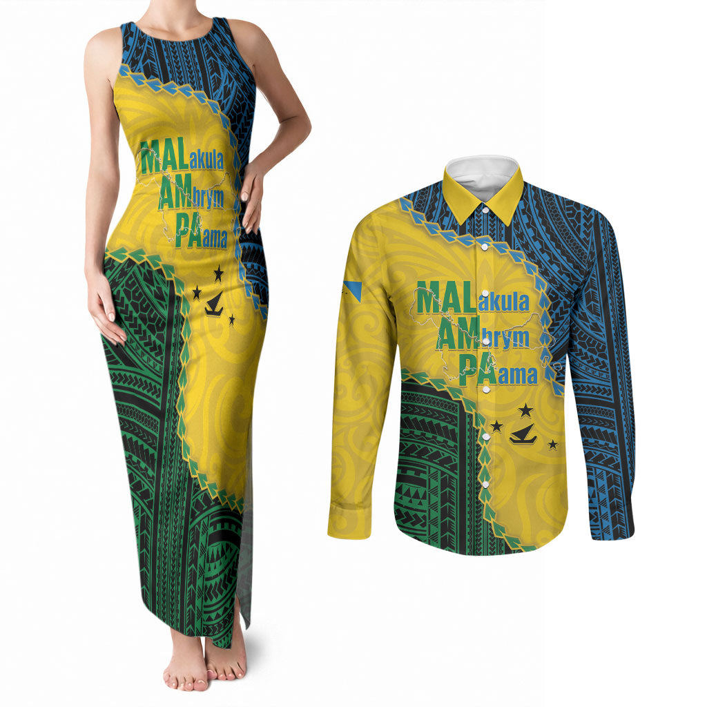 Personalised Malampa Province Vanuatu Couples Matching Tank Maxi Dress and Long Sleeve Button Shirt Map With Polynesian Pattern LT14 Multicolor - Polynesian Pride