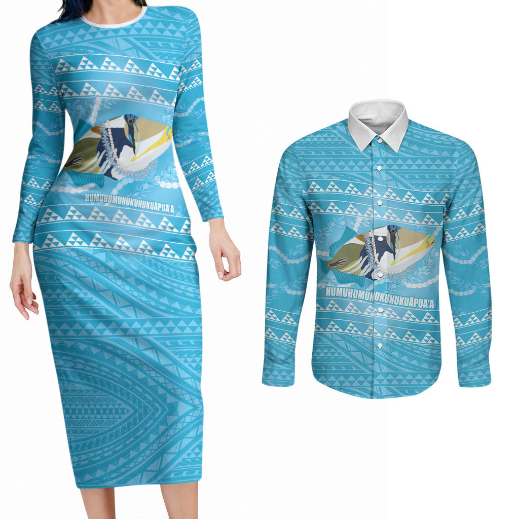 Aloha Hawaii Humuhumu Reef Triggerfish Couples Matching Long Sleeve Bodycon Dress and Long Sleeve Button Shirt Hawaiian Leis Kakau Pattern LT14 Blue - Polynesian Pride